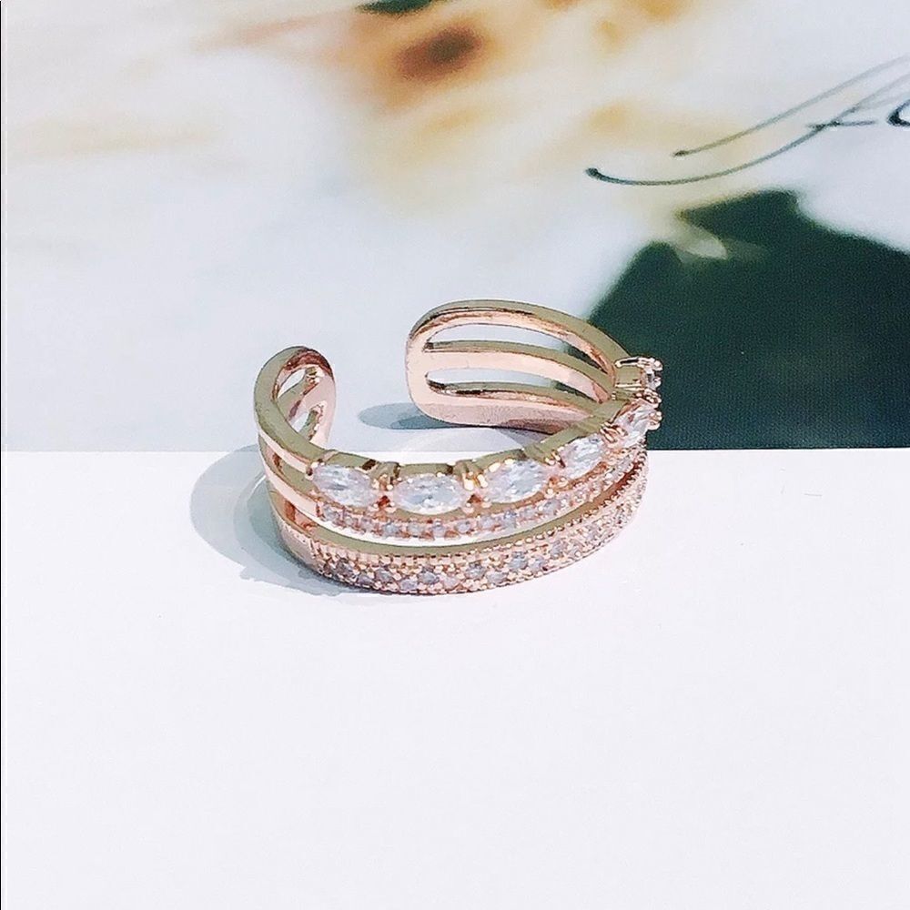 Rose Gold PLATED Triple CZ Diamond Stackable Adjustable Ring - Picture 5 of 7